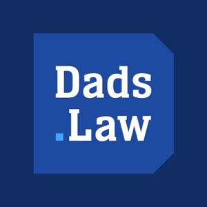 A dark blue square features the words Dads Law in bold white text, with a small blue dot before the word Law. The top right corner of the square is clipped.